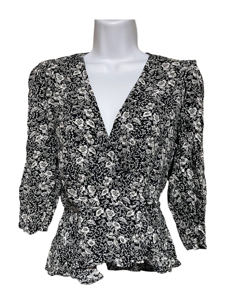 Banana Republic Womens Black & White Floral Peplum Wrap Top With 3/4 Sleeves S